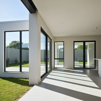 Modern home with newly installed, energy-efficient windows, natural light streaming in, clean image