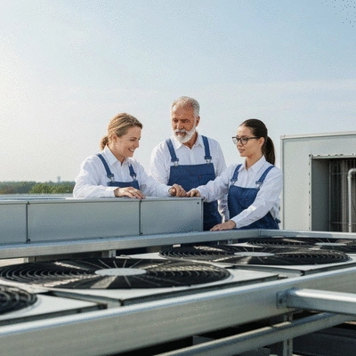Professional facility maintenance team inspecting HVAC system
