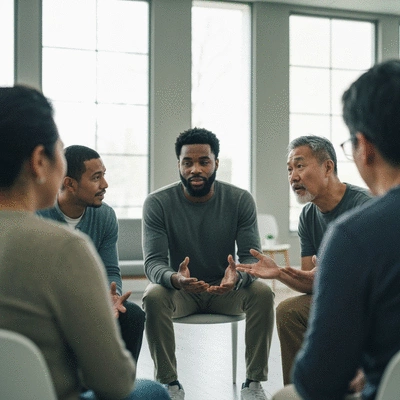 Diverse group of veterans participating in a support group, clean and modern setting