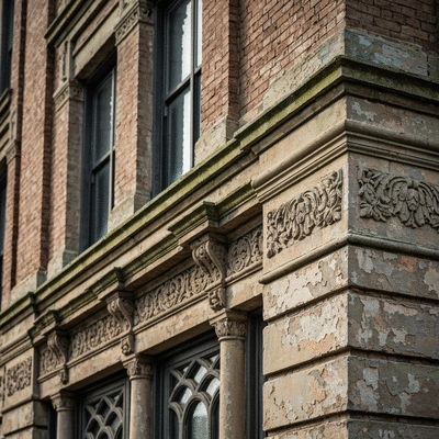 Detailed close-up of an aging building's exterior in Memphis, showing architectural details and weathered textures, implying the need for specialized maintenance, no text, no words, no typography, 8K, natural lighting