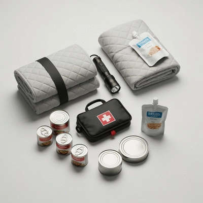 Emergency kit with winter supplies like blankets and flashlight