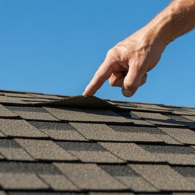 Close-up of a damaged asphalt shingle roof with a person's hand pointing to a loose shingle, suggesting DIY repair, clear blue sky background, no text, no words, no typography, 8K, natural lighting