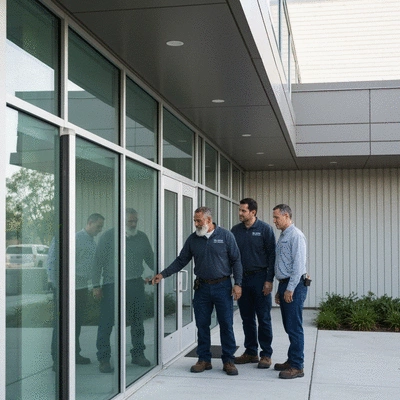Professional maintenance crew inspecting a nonprofit building's exterior, clean, well-maintained environment, no text, no words, no typography, 8K