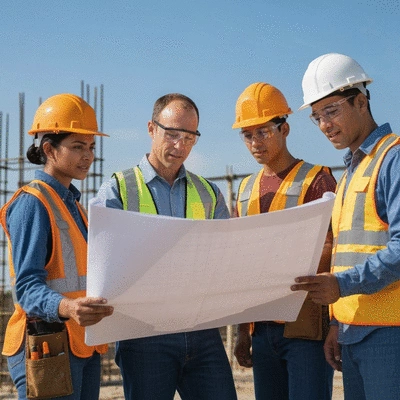 Construction team reviewing blueprints on a construction site