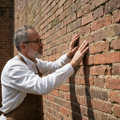 Skilled restoration expert examining an old brick wall of a historic building, focusing on material deterioration