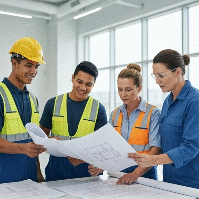 Diverse team of maintenance professionals reviewing blueprints in a modern facility, showing teamwork