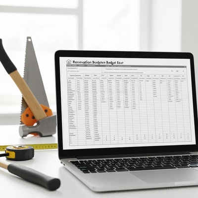 Detailed home renovation budget spreadsheet on a laptop