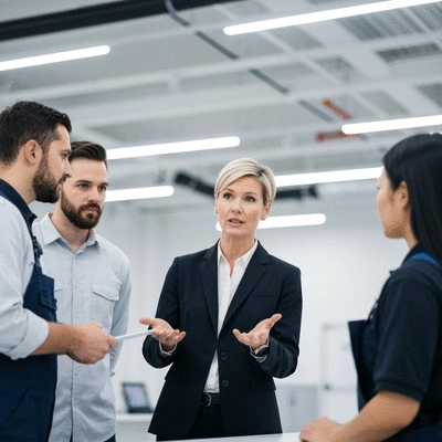 Property manager discussing maintenance plan with a team of technicians