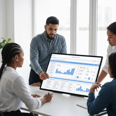 Diverse team of facility managers reviewing a digital dashboard displaying maintenance schedules and budget allocations, demonstrating collaboration and technology use, no text, no words, no typography, clean image