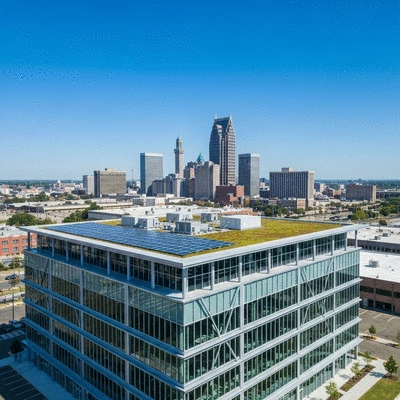 Modern commercial building with green features like solar panels and green roof, Memphis skyline in background
