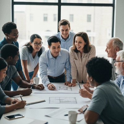 Diverse group of community members collaborating on a redevelopment project plan