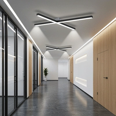 Modern LED light fixture illuminating a brightly lit, clean hallway in a commercial building, no text, no words, no typography, clean image